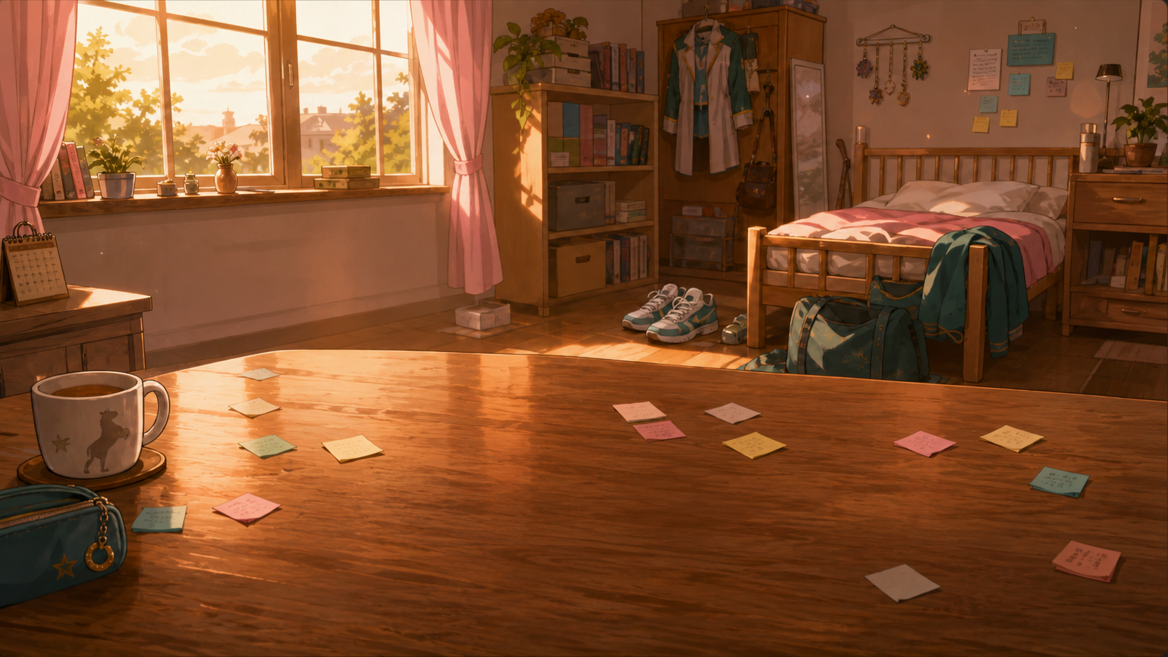 夕方の女子寮の部屋。広い木の机の奥にベッド、制服、本棚、窓辺が見える。